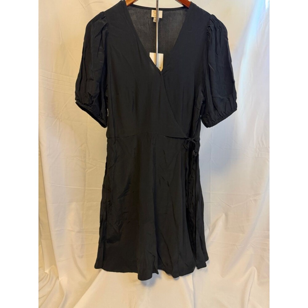a new day Balloon Short Sleeve Wrap Dress - Black - size small